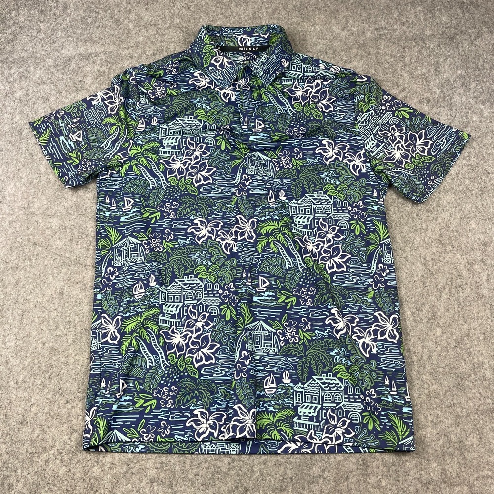 Rorie Whelan Golf Polo Shirt Men's Large Blue All Over Print Floral Tropical
